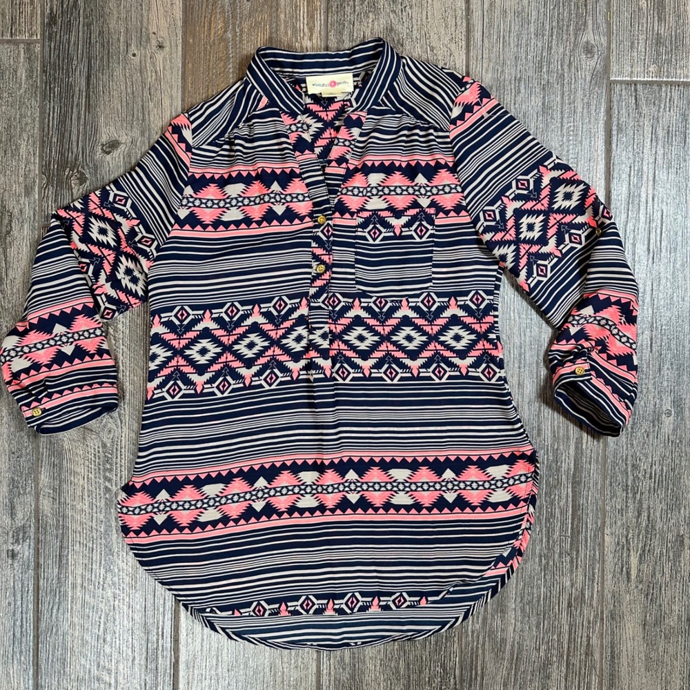 Wishful Park Womens Top Medium M Blouse Aztec Print Long Sleeve Button Up